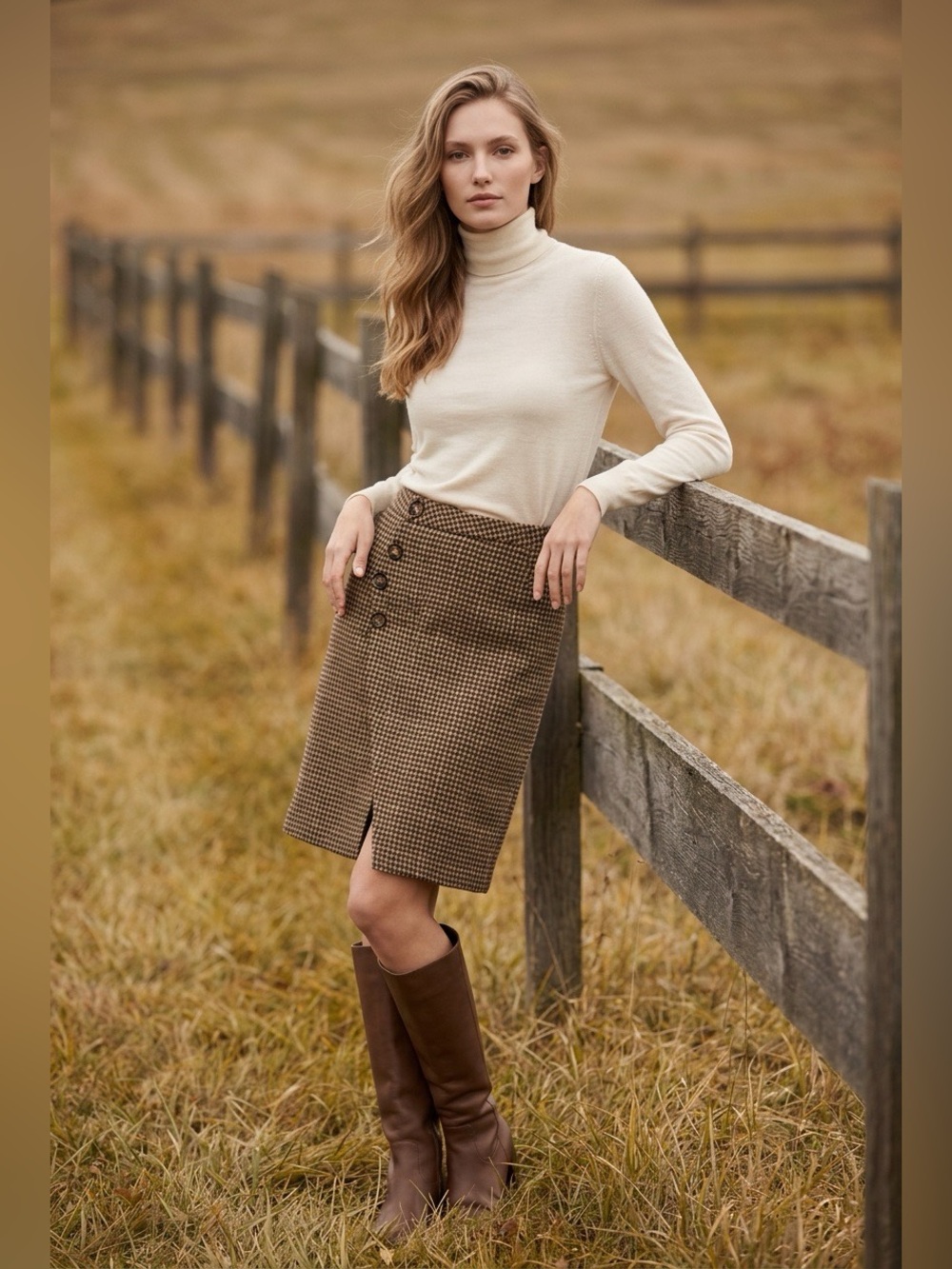 Commense Camel Metallic Houndstooth Faux Wrap Mock Button Zip Back Lined Skirt